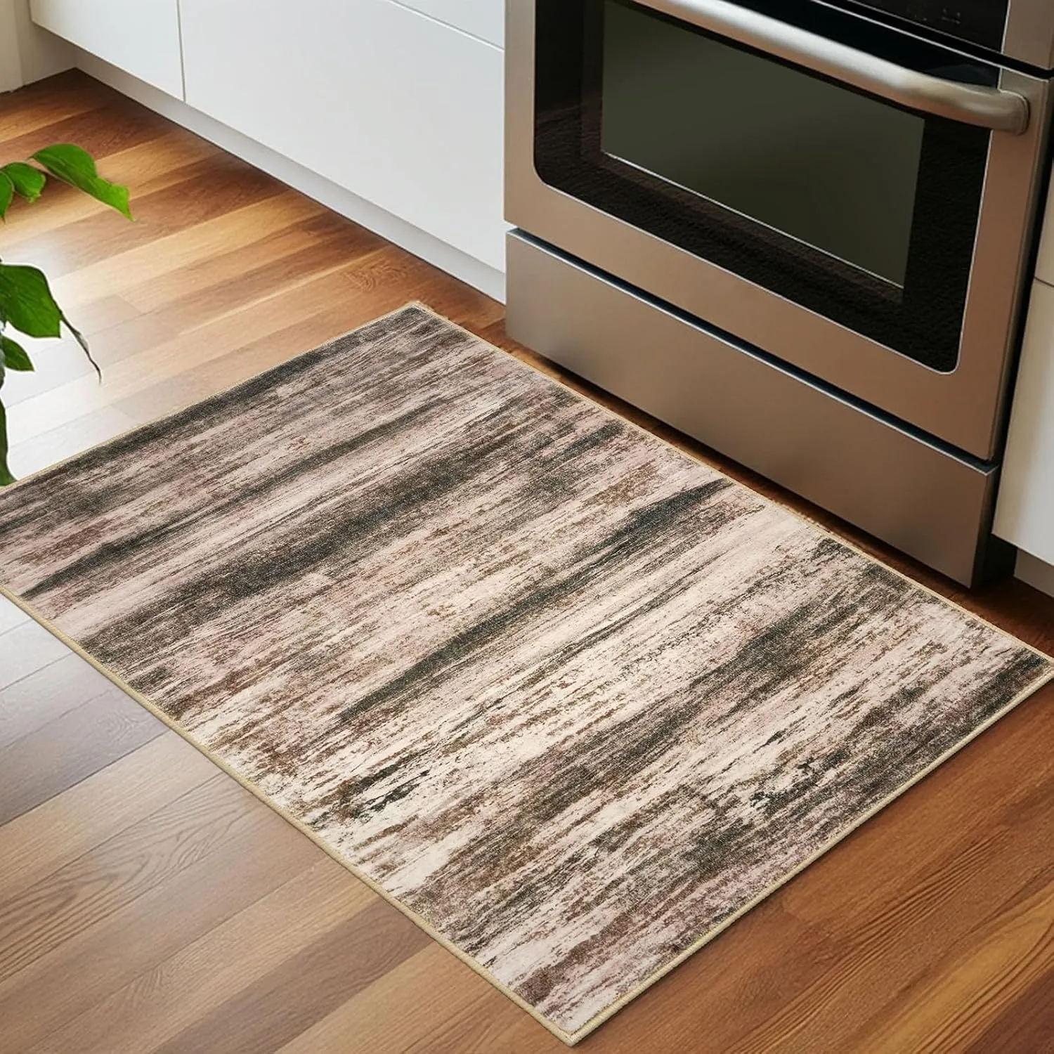 KOZYFLY Modern Abstract Small Area Rugs, 2x3 Washable Kitchen Rug Non-Slip Soft Small Bathroom Rug, Blush Brown Striped Entryway Rugs Abstract Print Faux Wool Doormat for Bedside Entrance Bedroom Sink