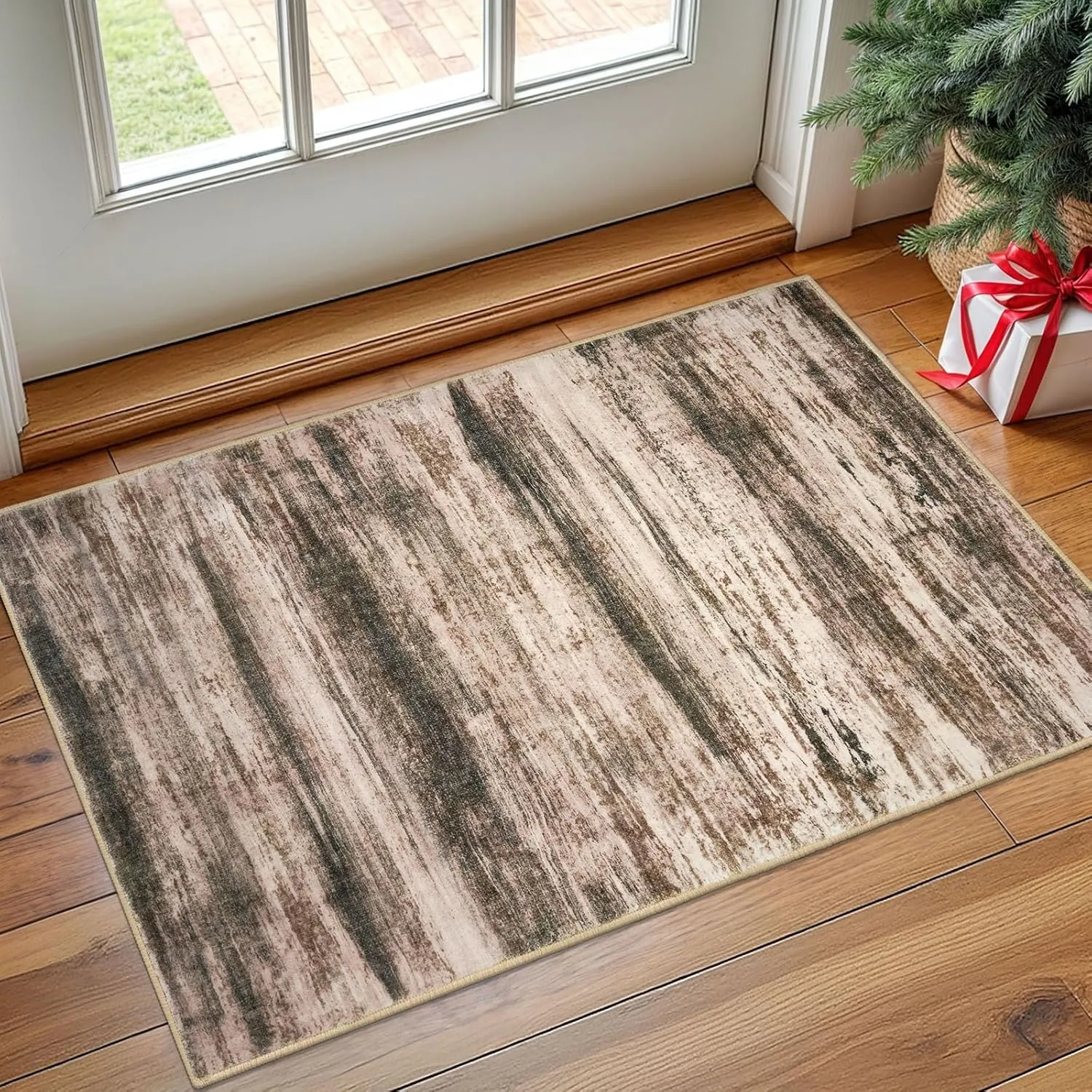 KOZYFLY Modern Abstract Small Area Rugs, 2x3 Washable Kitchen Rug Non-Slip Soft Small Bathroom Rug, Blush Brown Striped Entryway Rugs Abstract Print Faux Wool Doormat for Bedside Entrance Bedroom Sink