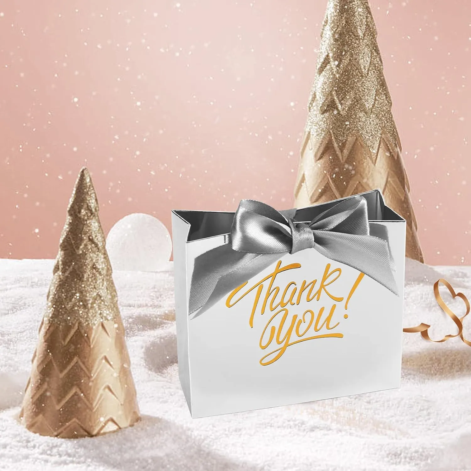 KPOSIYA Small Gift Bags, 100 Pack Small Thank You Bags 4.5x1.8x3.9 Inches Party Favor Bag Silver Paper Candy Boxes with Bow Ribbon,Mini Gift Box for Wedding Baby Shower Birthday Bridal Business Party Supplies (Silver)