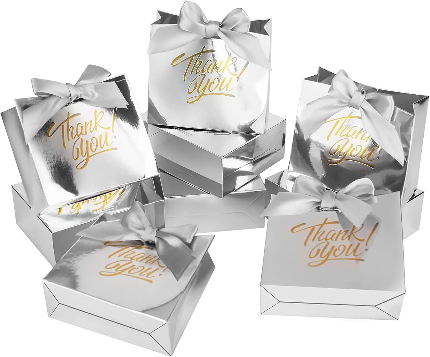 KPOSIYA Small Gift Bags, 100 Pack Small Thank You Bags 4.5x1.8x3.9 Inches Party Favor Bag Silver Paper Candy Boxes with Bow Ribbon,Mini Gift Box for Wedding Baby Shower Birthday Bridal Business Party Supplies (Silver)