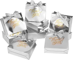 KPOSIYA Small Gift Bags, 50 Pack Small Thank You Bags 4.5x1.8x3.9 Inches Party Favor Bag Silver Paper Candy Boxes with Bow Ribbon,Mini Gift Box for Wedding Baby Shower Birthday Bridal Business Party Supplies (Silver)