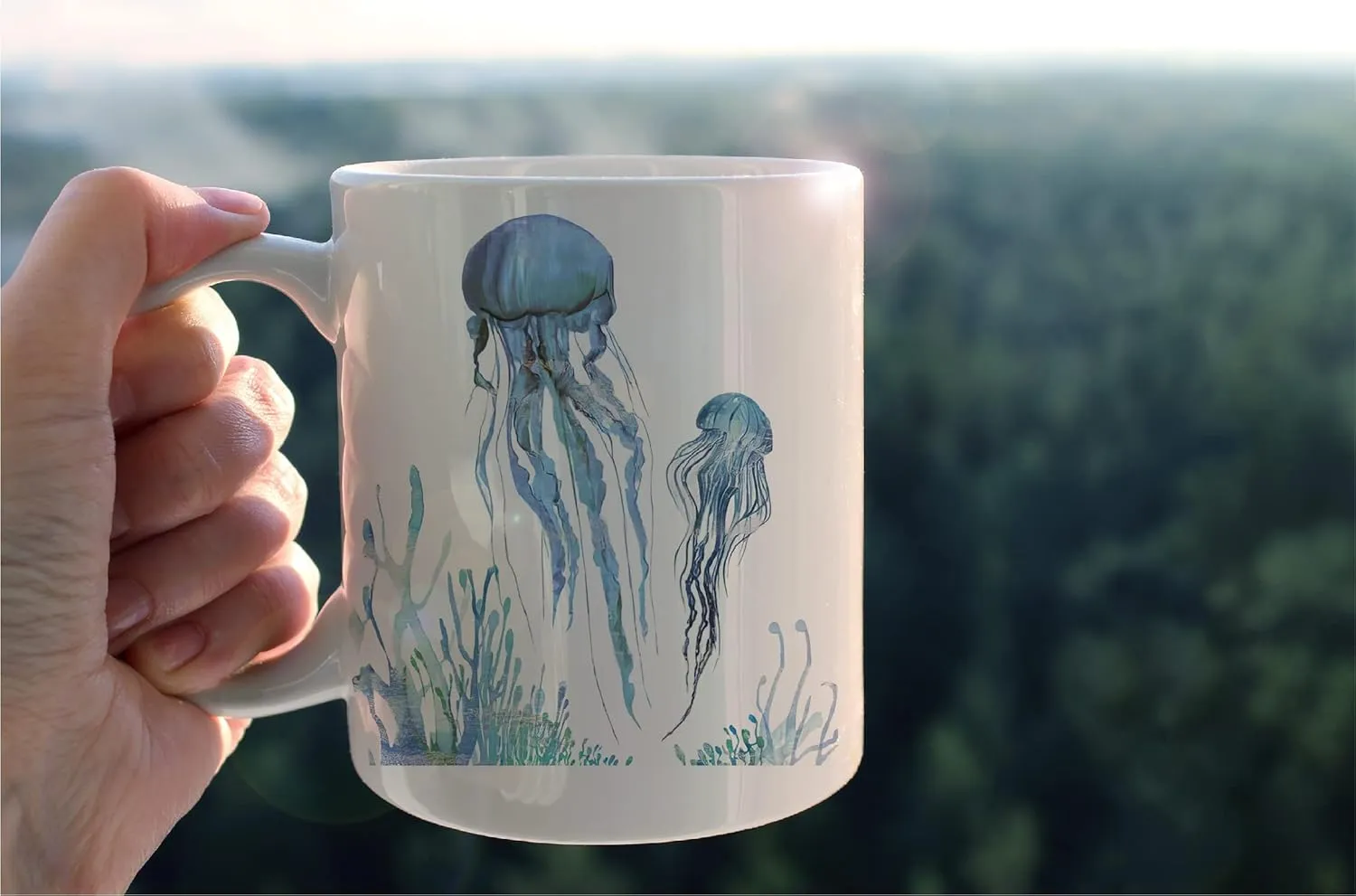 kunlisa Watercolor Jellyfish Mug Cup,Sea Life Jellyfish Couple Ceramic Mug-11oz Coffee Milk Tea Mug Cup,Jellyfish Lovers Gifts,Boys Men Students Kids Coworkers Gifts