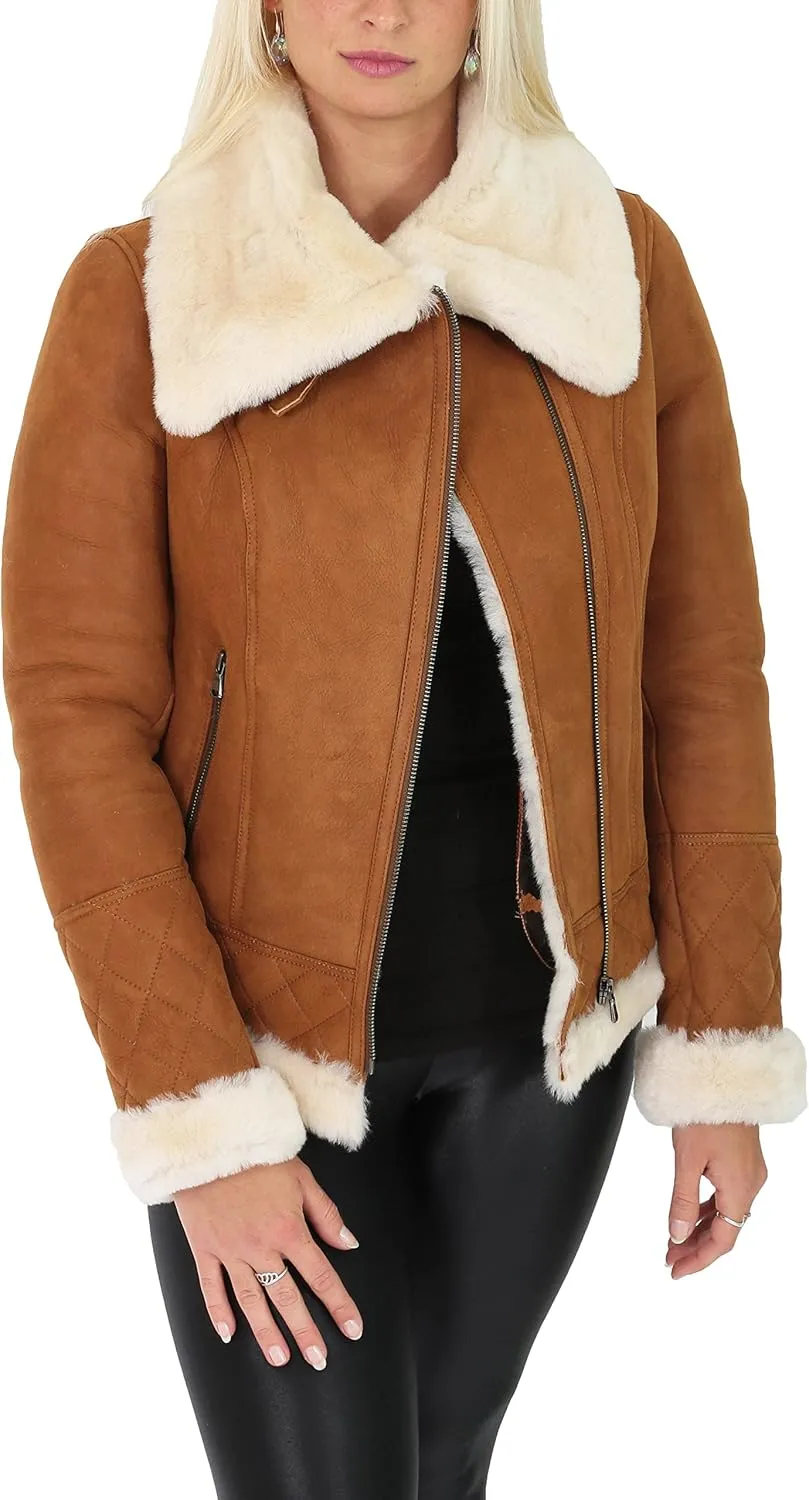 Ladies Genuine Sheepskin Merino White Shearling Aviator Pilot Jacket Isabelle Tan