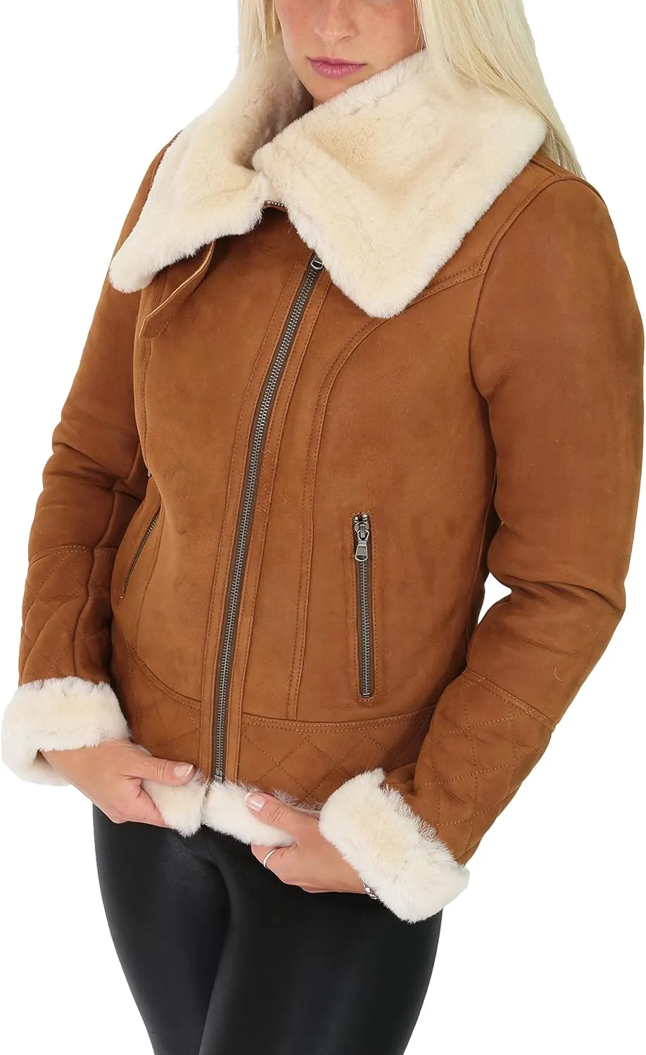 Ladies Genuine Sheepskin Merino White Shearling Aviator Pilot Jacket Isabelle Tan