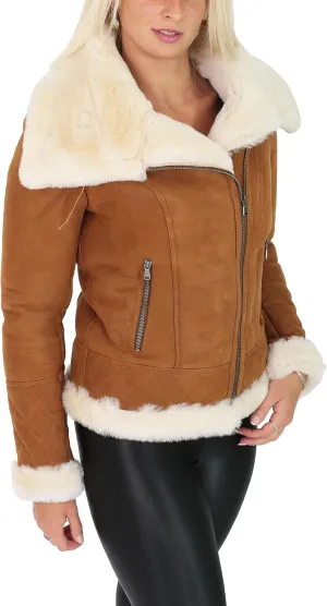 Ladies Genuine Sheepskin Merino White Shearling Aviator Pilot Jacket Isabelle Tan