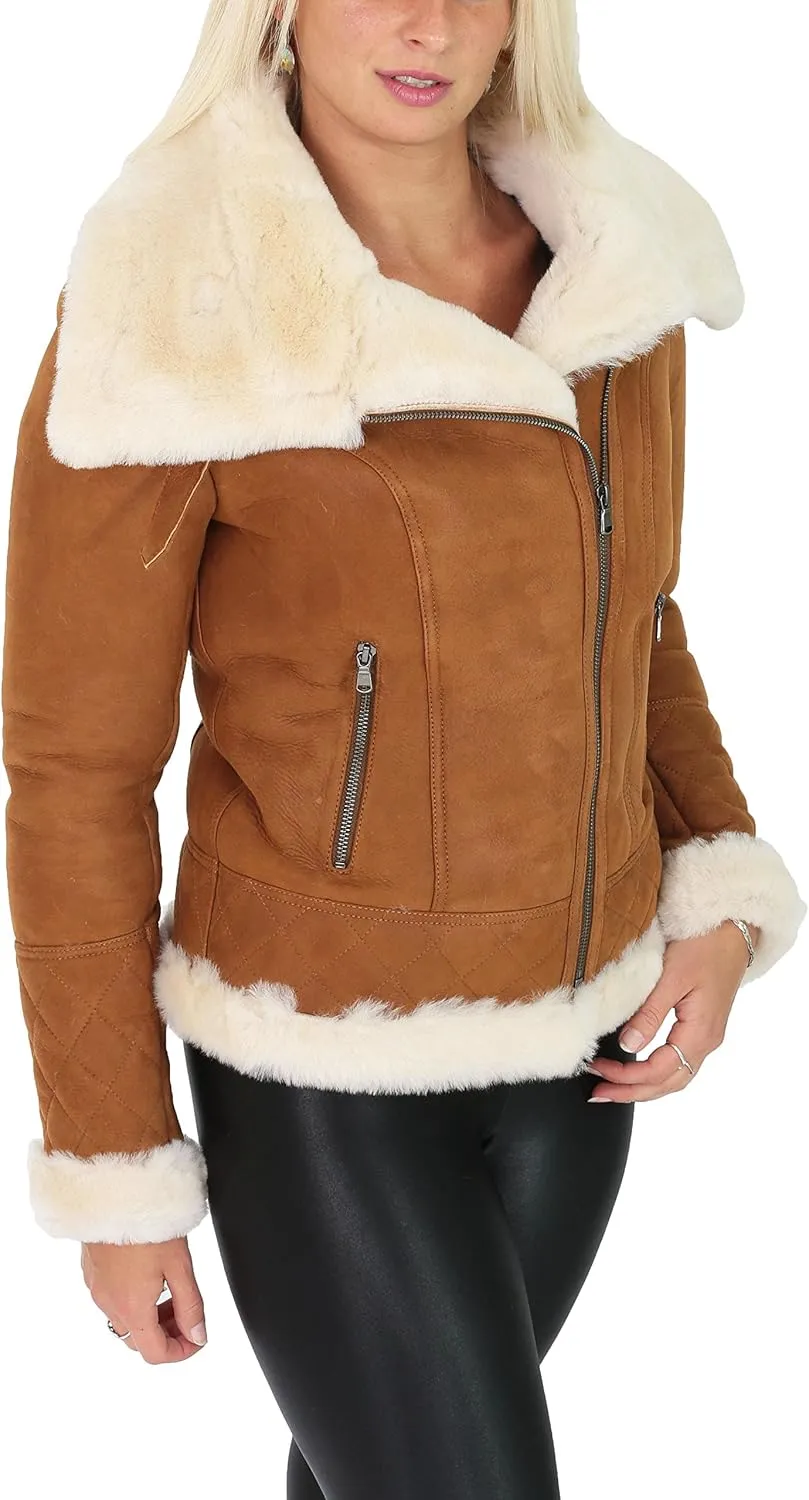 Ladies Genuine Sheepskin Merino White Shearling Aviator Pilot Jacket Isabelle Tan