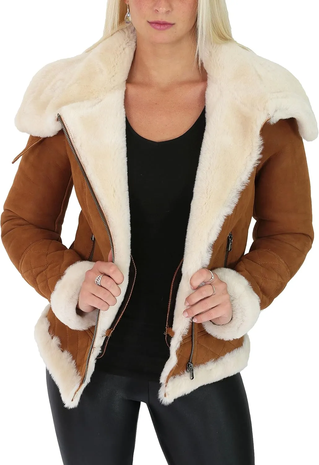 Ladies Genuine Sheepskin Merino White Shearling Aviator Pilot Jacket Isabelle Tan
