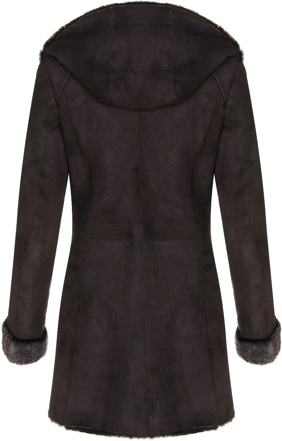 Ladies Hooded Shearling Sheepskin Merino Suede Leather Coat