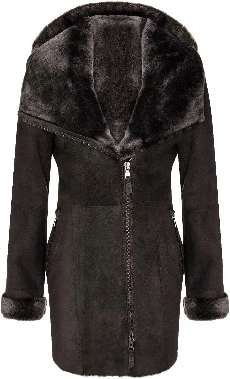 Ladies Hooded Shearling Sheepskin Merino Suede Leather Coat