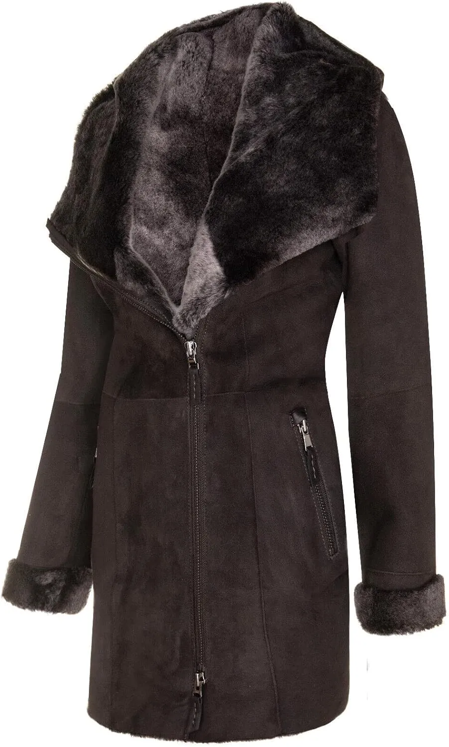 Ladies Hooded Shearling Sheepskin Merino Suede Leather Coat