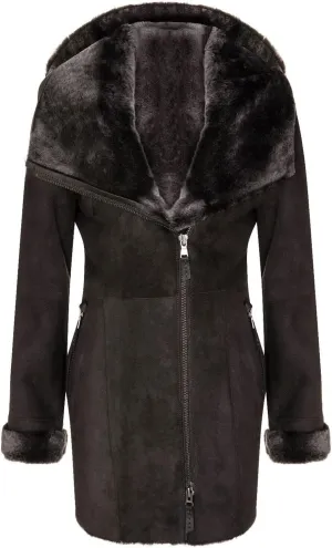 Ladies Hooded Shearling Sheepskin Merino Suede Leather Coat