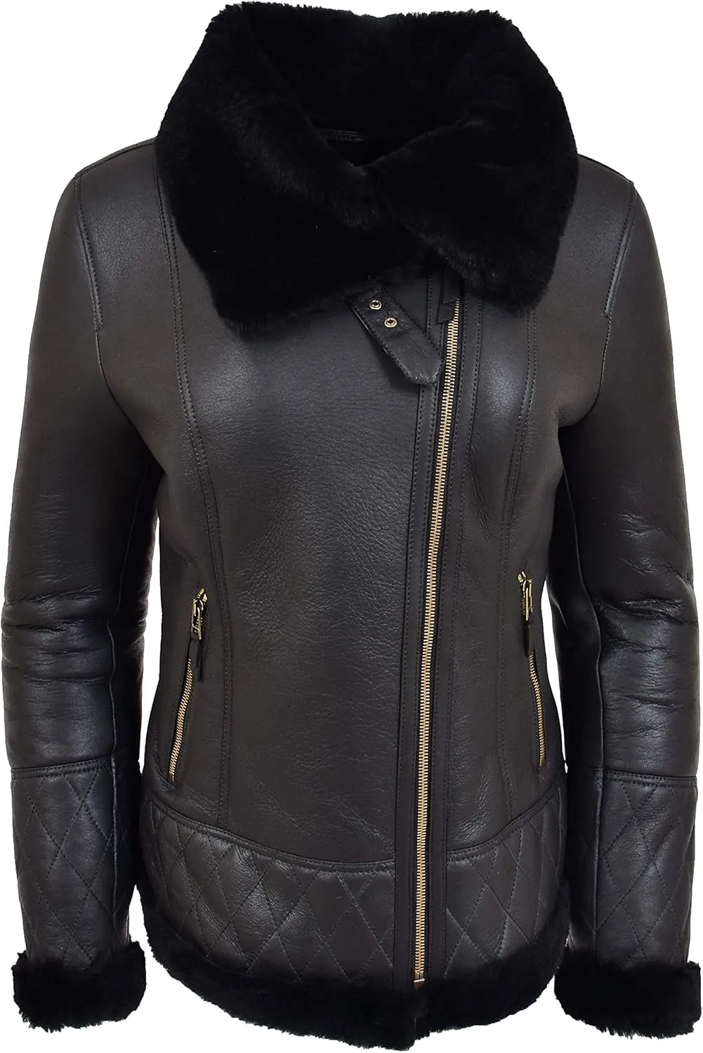Ladies Real Sheepskin Merino Shearling Aviator Pilot Jacket Isabelle Black