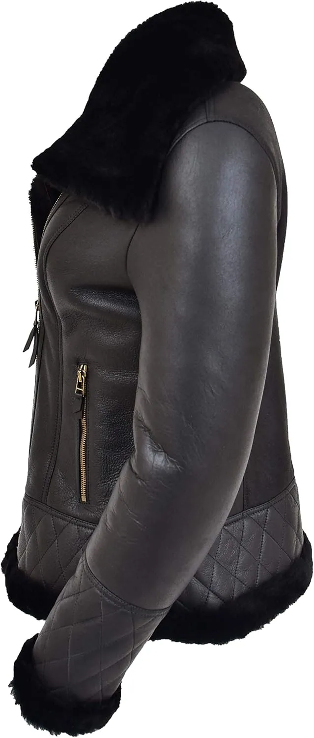 Ladies Real Sheepskin Merino Shearling Aviator Pilot Jacket Isabelle Black