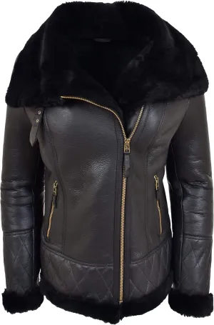 Ladies Real Sheepskin Merino Shearling Aviator Pilot Jacket Isabelle Black
