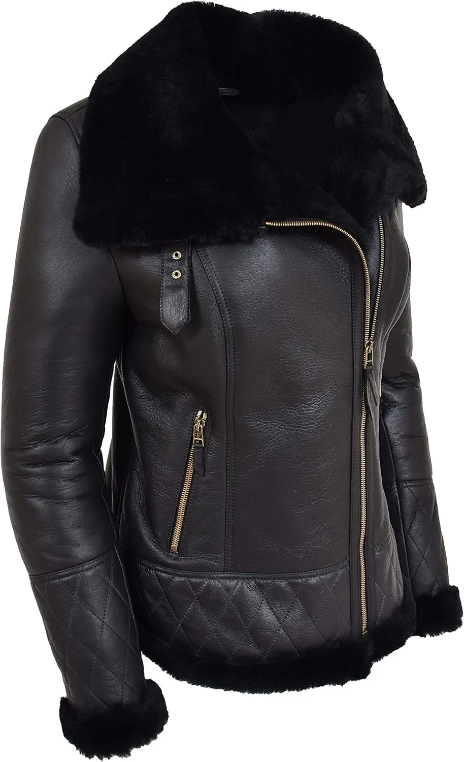 Ladies Real Sheepskin Merino Shearling Aviator Pilot Jacket Isabelle Black