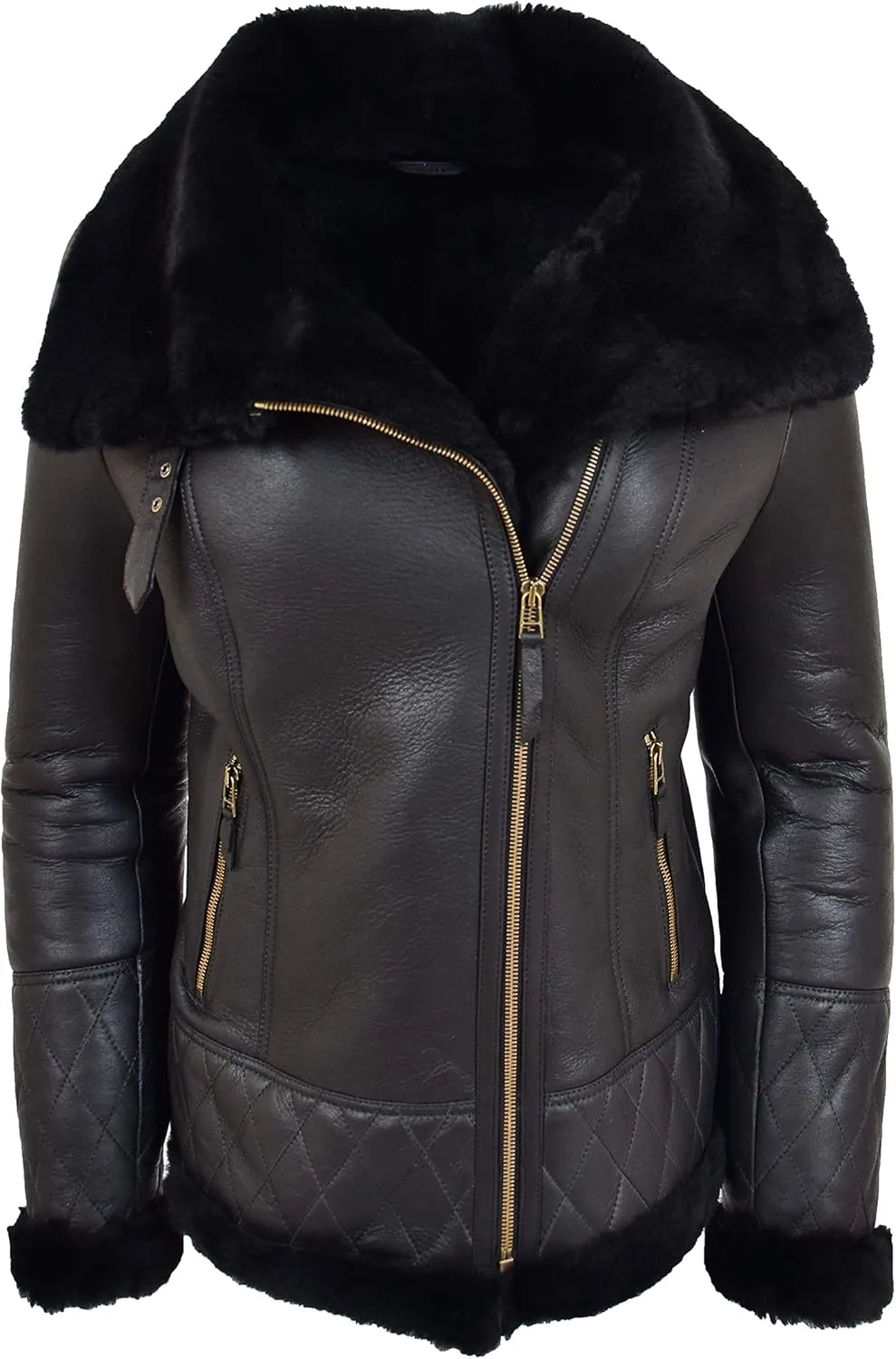 Ladies Real Sheepskin Merino Shearling Aviator Pilot Jacket Isabelle Black