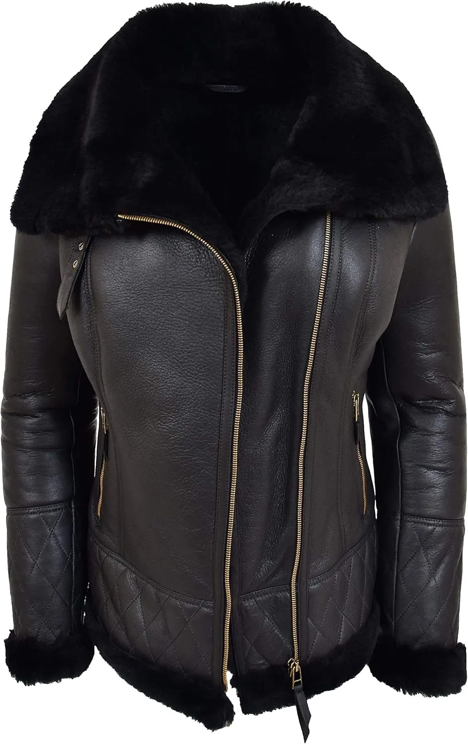 Ladies Real Sheepskin Merino Shearling Aviator Pilot Jacket Isabelle Black