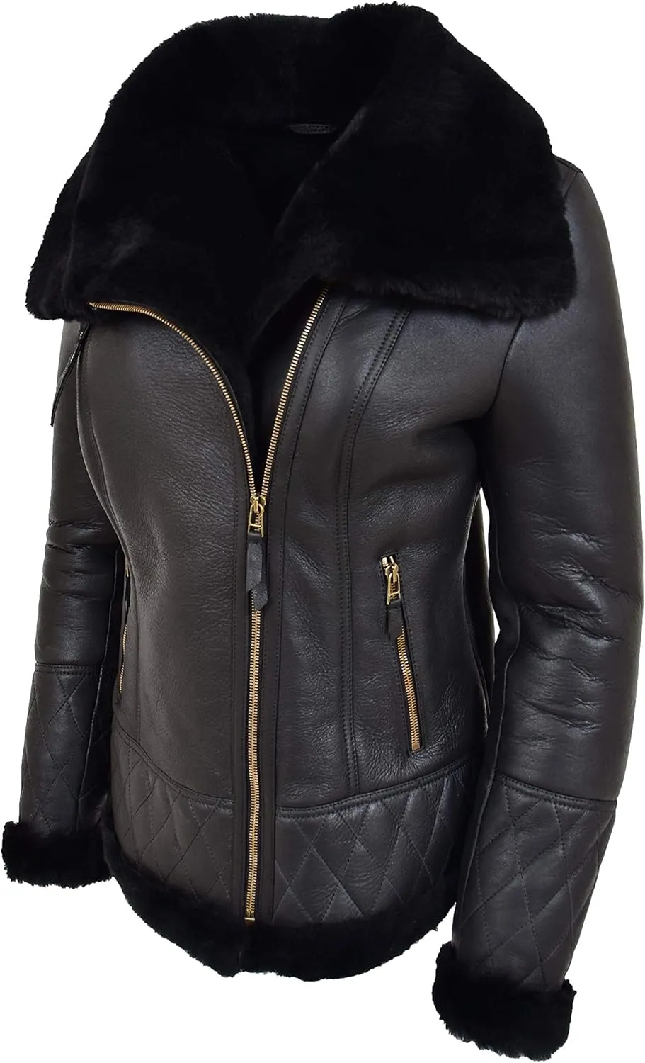 Ladies Real Sheepskin Merino Shearling Aviator Pilot Jacket Isabelle Black