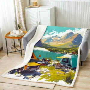 Lakeside Camping Fleece Blanket,Nature Mount Lake Scene Tourism Plush Blanket for Kids Teens,Lovely Room Decor,Watercolor Trailer Camp Tent Graffiti Flannel Blanket,Twin 60"x80"
