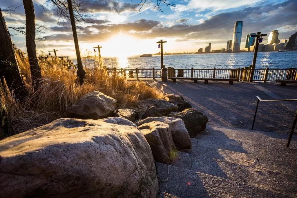Laminated Battery Park Hudson River Water Front Sunset New York City NYC Photo Photograph Poster Dry Erase Wall Art 24x16