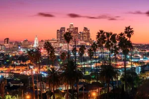Laminated Los Angeles California Skyline at Sunset Palm Trees LAX SoCal City Orange Sky Photo Beach Landscape Pictures Ocean Scenic Tropical Nature Paradise Poster Dry Erase Wall Art 24x16