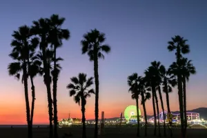 Laminated Santa Monica Beach Sunset Santa Monica Pier Ferris Wheel California Photo Photograph Palm Landscape Pictures Ocean Scenic Tropical Nature Photography Paradise Poster Dry Erase Wall Art 18x12