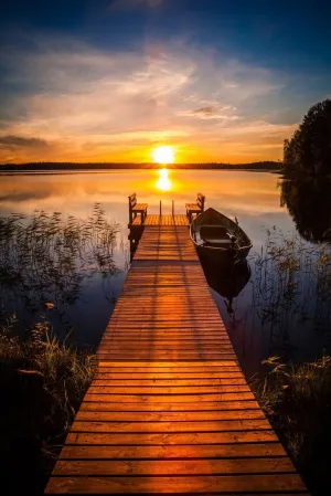 Laminated Sunset Over The Fishing Pier At Finland Lake Photo National Mountain Nature Landscape Park Scenic Scenery Parks Picture Dock Water Poster Dry Erase Wall Art 16x24