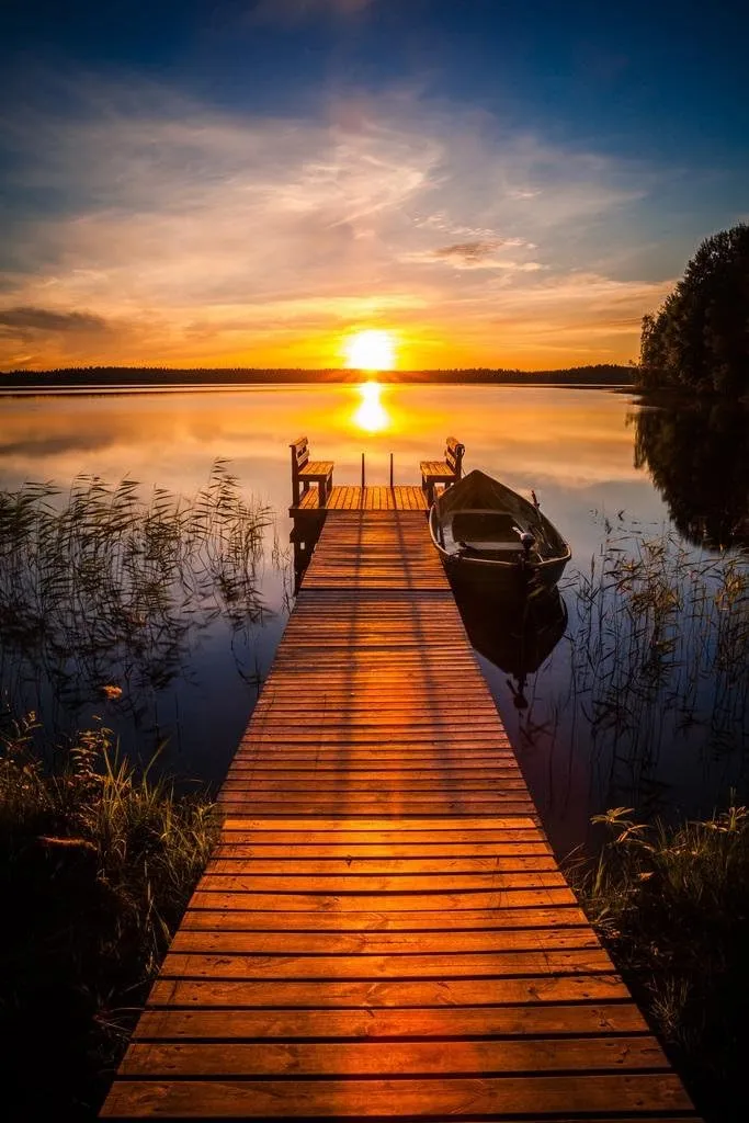 Laminated Sunset Over The Fishing Pier At Finland Lake Photo National Mountain Nature Landscape Park Scenic Scenery Parks Picture Dock Water Poster Dry Erase Wall Art 16x24