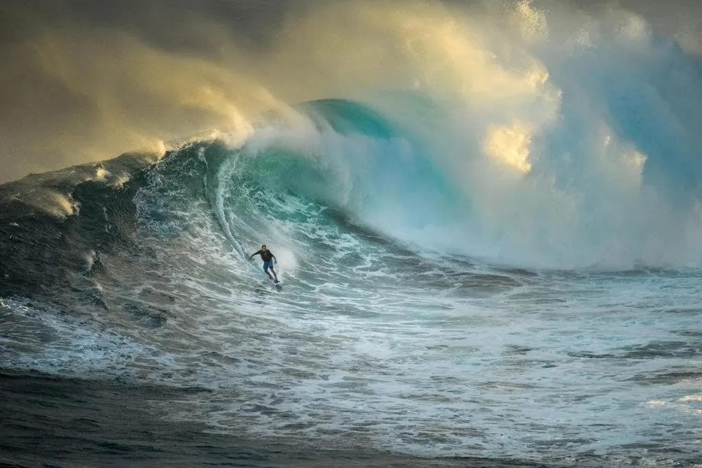 Laminated Surfing Poster Surfer On A Big Wave In the Ocean Jaws Beach Hawaii Hawaiian Waves Photo Photograph Cool Photo Sunset Palm Landscape Pictures Scenic Scenery Poster Dry Erase Wall Art 12x18