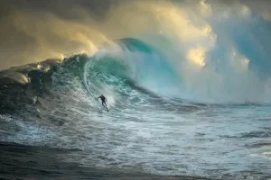 Laminated Surfing Poster Surfer On A Big Wave In the Ocean Jaws Beach Hawaii Hawaiian Waves Photo Photograph Cool Photo Sunset Palm Landscape Pictures Scenic Scenery Poster Dry Erase Wall Art 12x18