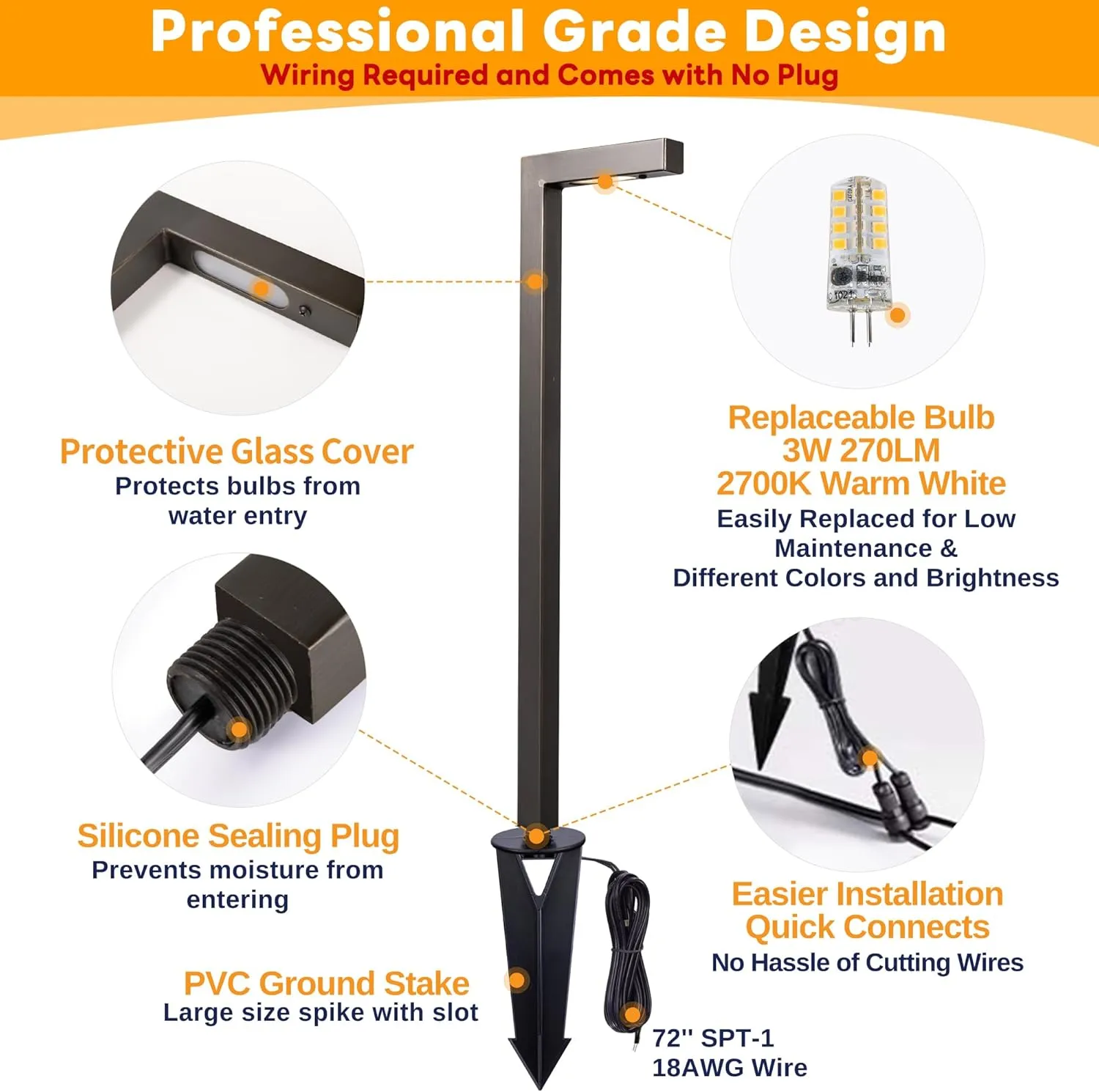 Landscape Path Lights Brass, 12V Low Voltage Pathway Lights Wired, Outdoor Garden Lights LED Waterproof, L Shape Bronze for Yard Walkway Driveway with 3W 270LM 2700K G4 Bulb