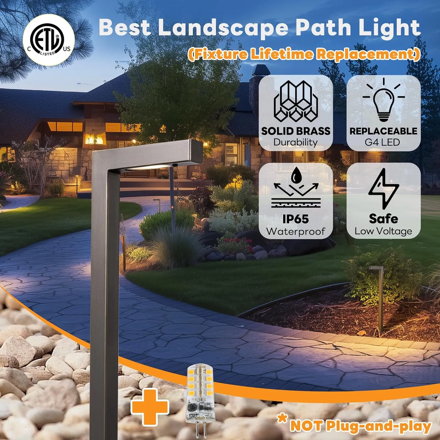 Landscape Path Lights Brass, 12V Low Voltage Pathway Lights Wired, Outdoor Garden Lights LED Waterproof, L Shape Bronze for Yard Walkway Driveway with 3W 270LM 2700K G4 Bulb