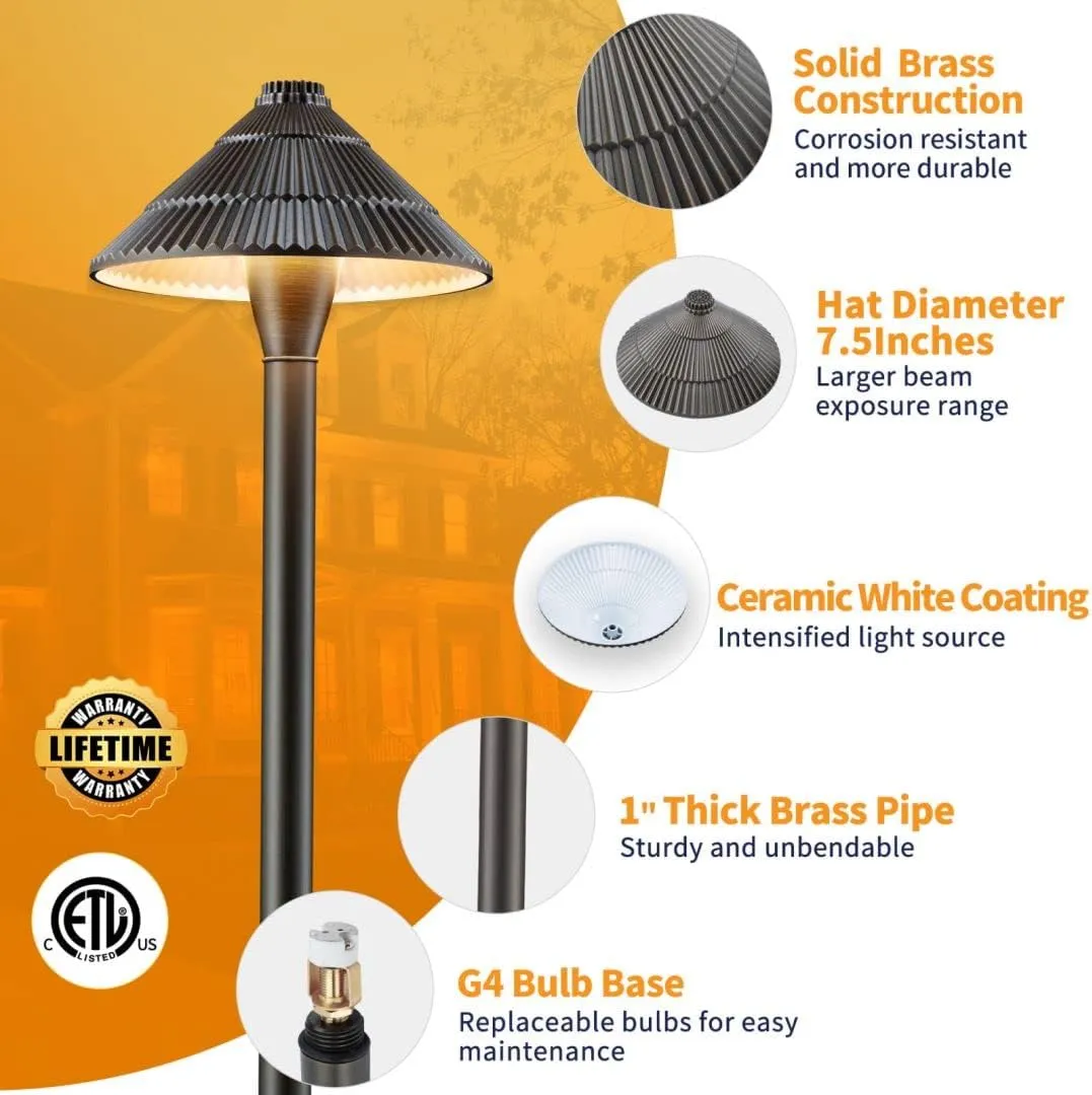 Landscape Path Lights Brass, 12V Low Voltage Pathway Lights Wired, Outdoor Garden Lights LED Waterproof, Textured Hat Bronze for Yard Walkway Driveway Without G4 Bulb