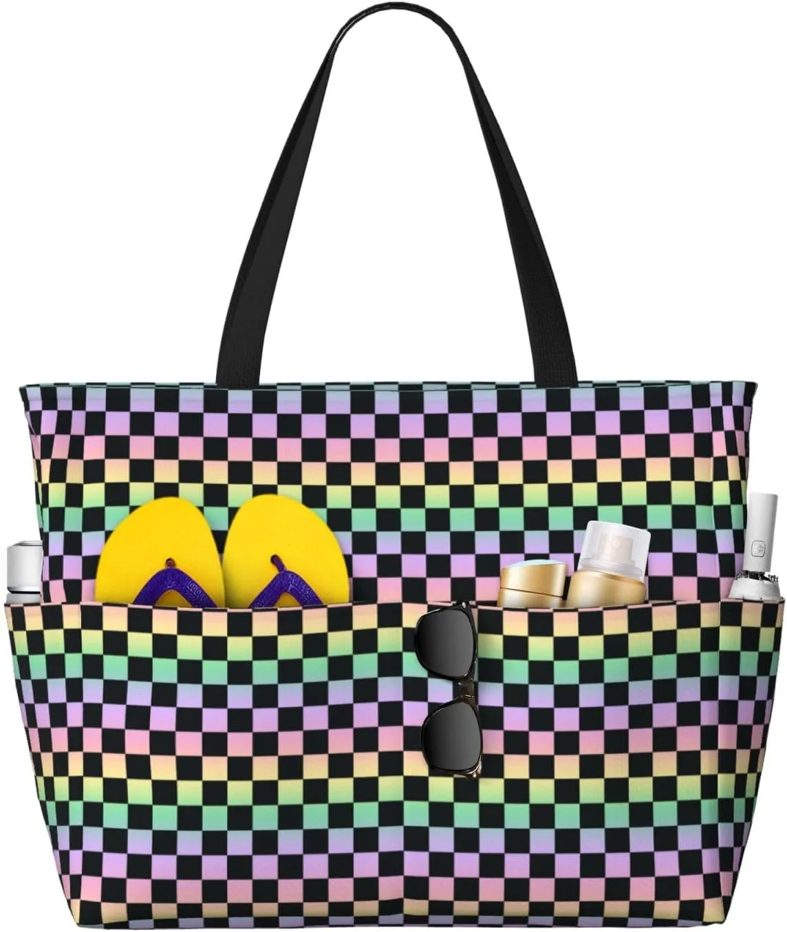 Large Beach Bags Water-resistant Sandproof - rainbow gradient colorful checkered Cute Beach Tote Bags for Women with Zipper