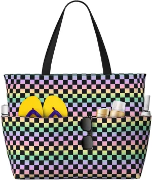Large Beach Bags Water-resistant Sandproof - rainbow gradient colorful checkered Cute Beach Tote Bags for Women with Zipper