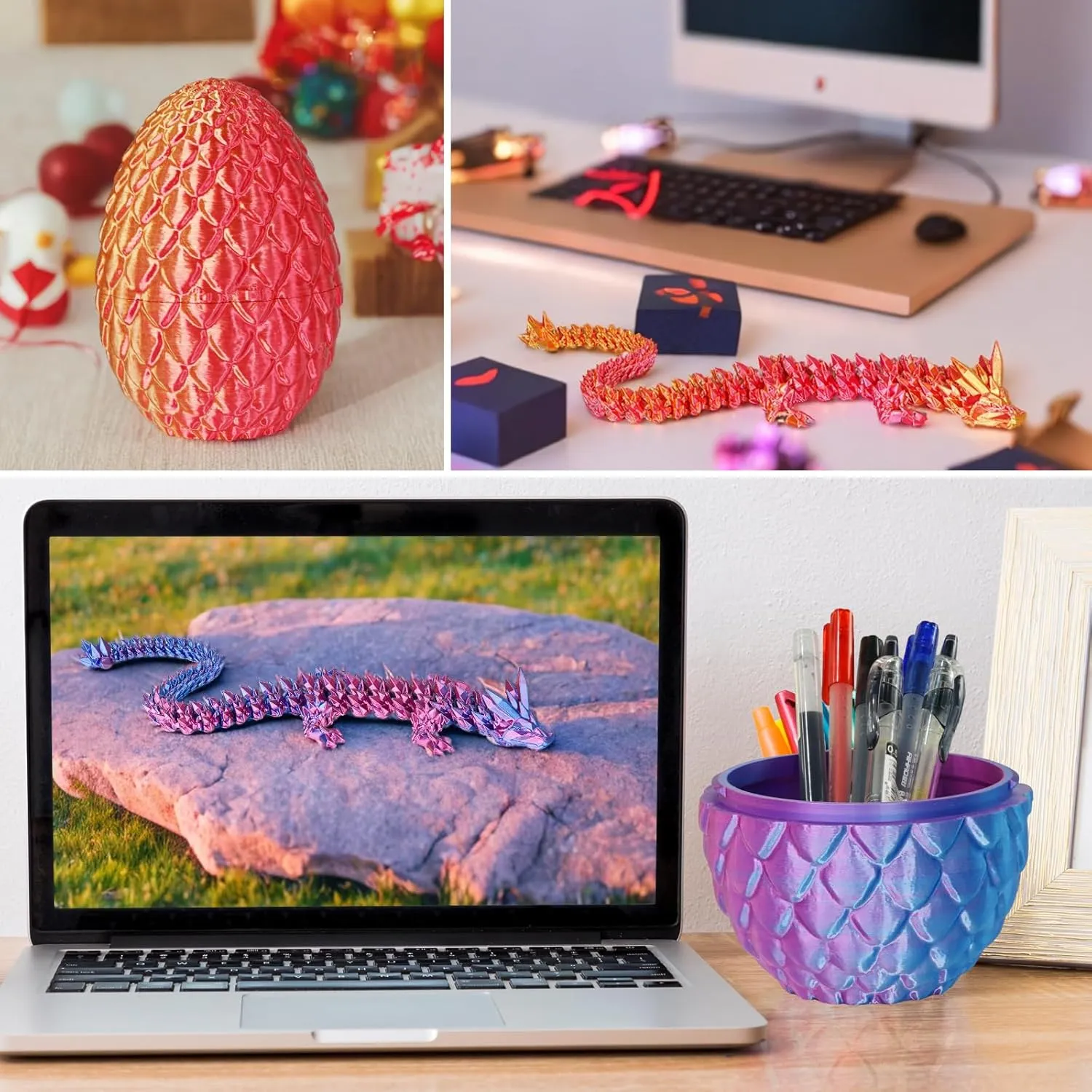 Large Dragon Eggs with Dragon Inside, 3D Printed Surprise Funny Gifts for Kids, Articulated Dragon Fidget Toys for Adults, Executive Desk Toys Office Room Décor (Gradient Blue-Green-Brown)