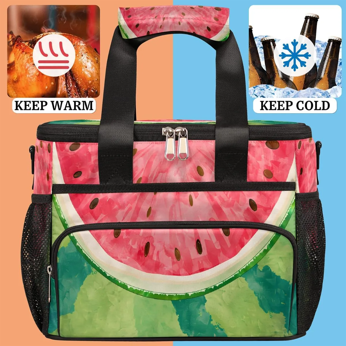 Large Lunch Bag for Women Men Summer Refreshing Watermelon Insulated Cooler Lunch Bags Reusable Leakproof Lunch Tote Bag with Adjustable Shoulder Strap Lunch Box for Picnic Camping Beach Travel