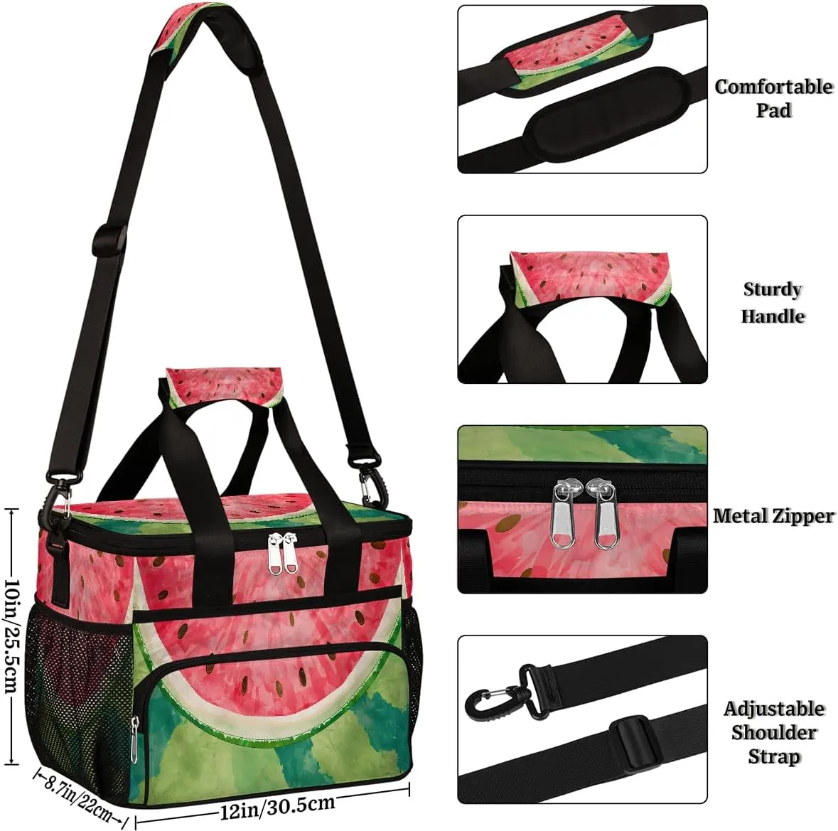 Large Lunch Bag for Women Men Summer Refreshing Watermelon Insulated Cooler Lunch Bags Reusable Leakproof Lunch Tote Bag with Adjustable Shoulder Strap Lunch Box for Picnic Camping Beach Travel
