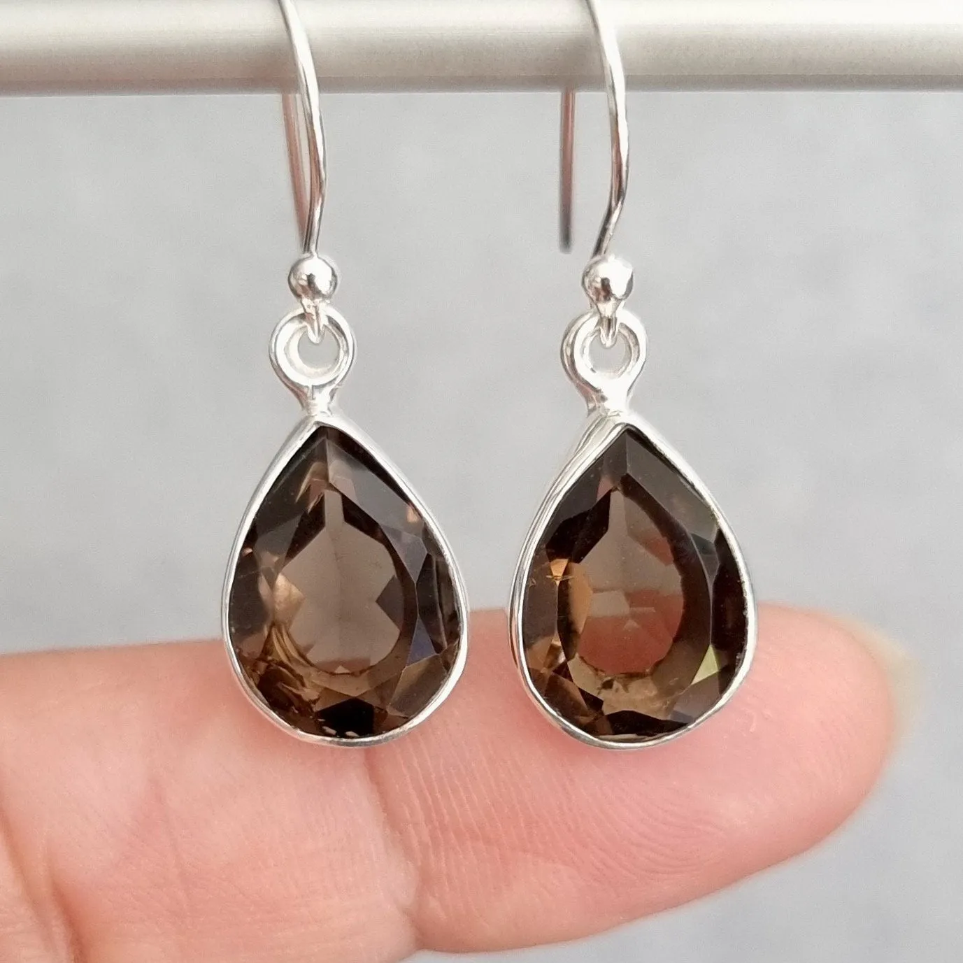 Large Teardrop Smoky Quartz Sterling Silver Earrings, 14mm x 10mm, E11SQ