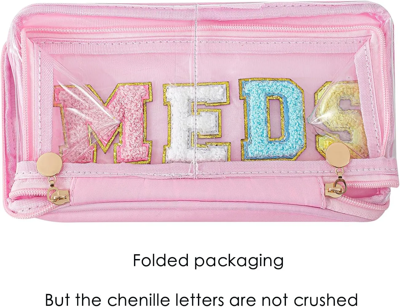 Large Waterproof Chenille Letter Medicine Clear Makeup Bag, Transparent PVC Nylon Preppy Patch Cosmetic Bag with Handle, Portable Meds First Aid Travel Organizer Cosmetic Bag (07MEDS- Black)