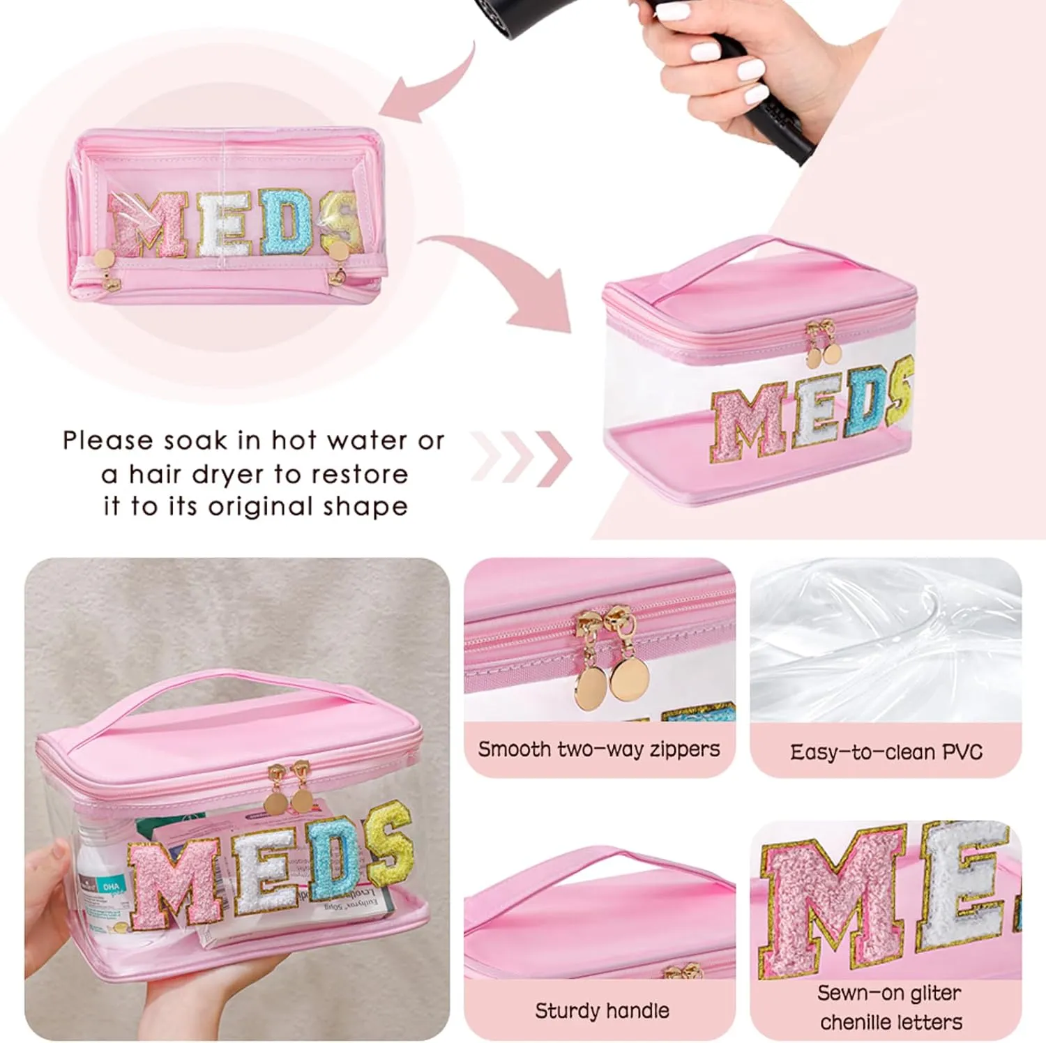 Large Waterproof Chenille Letter Medicine Clear Makeup Bag, Transparent PVC Nylon Preppy Patch Cosmetic Bag with Handle, Portable Meds First Aid Travel Organizer Cosmetic Bag (07MEDS- Black)