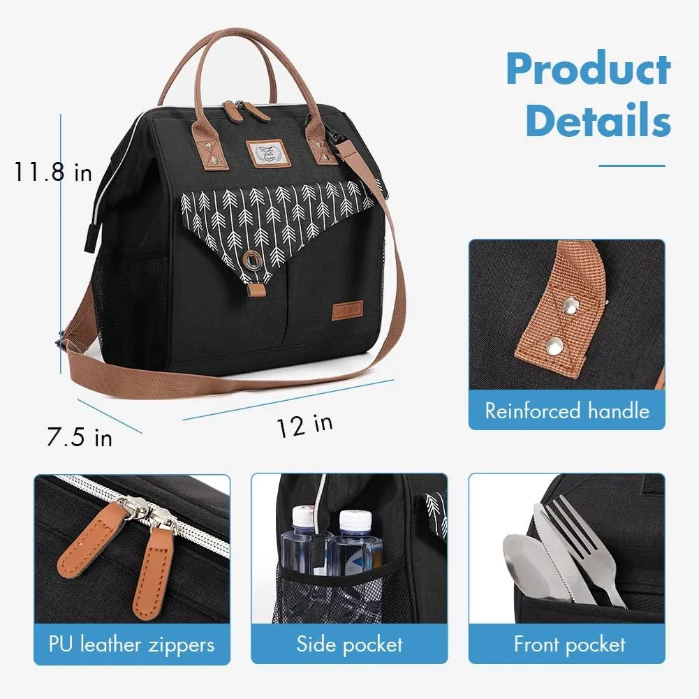 Lekesky Lunch Bags for Women Leakproof Insulated Lunch Box with Adjustable Shoulder Strap Reusable Lunch Cooler Tote Bag for Work, Picnic, Camping, 15L, Black