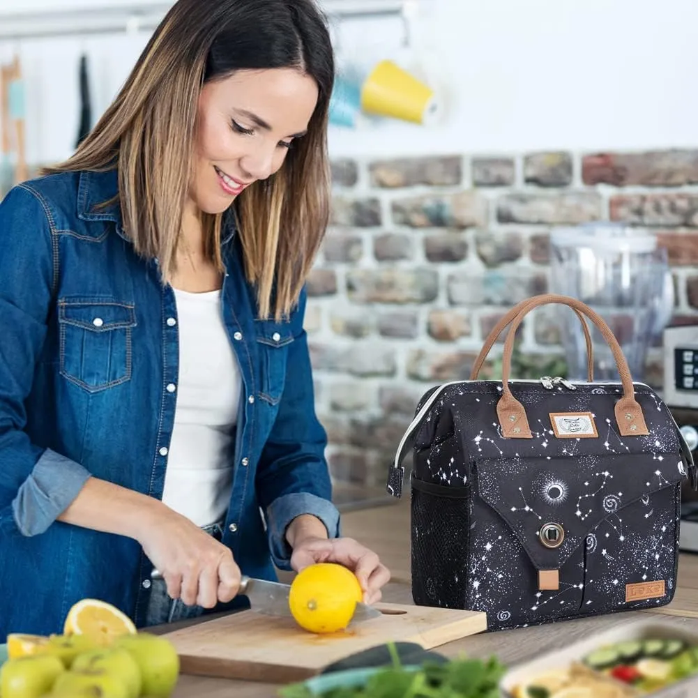 Lekesky Lunch Box Women Men Lunch Bag Wide-Open Lunch Tote Bag, Black