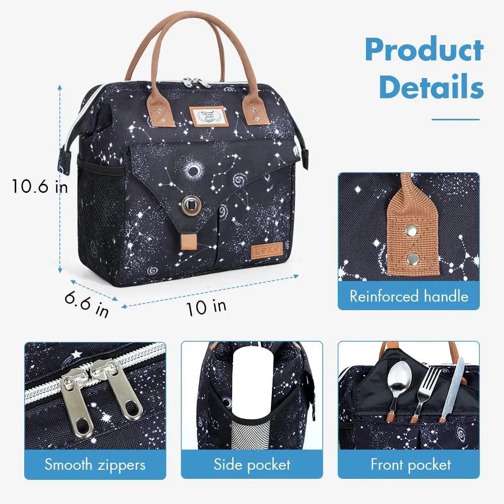 Lekesky Lunch Box Women Men Lunch Bag Wide-Open Lunch Tote Bag, Black