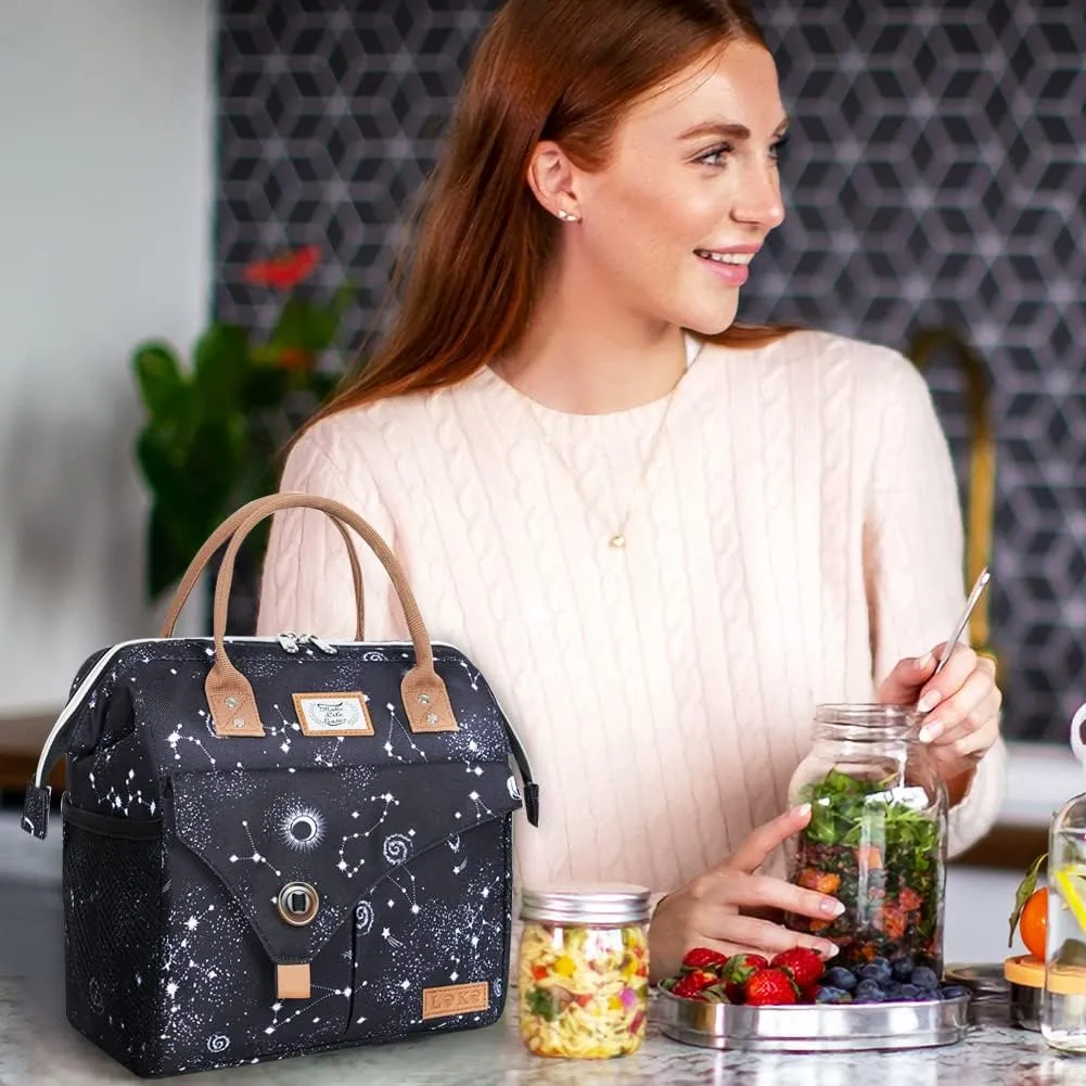 Lekesky Lunch Box Women Men Lunch Bag Wide-Open Lunch Tote Bag, Black