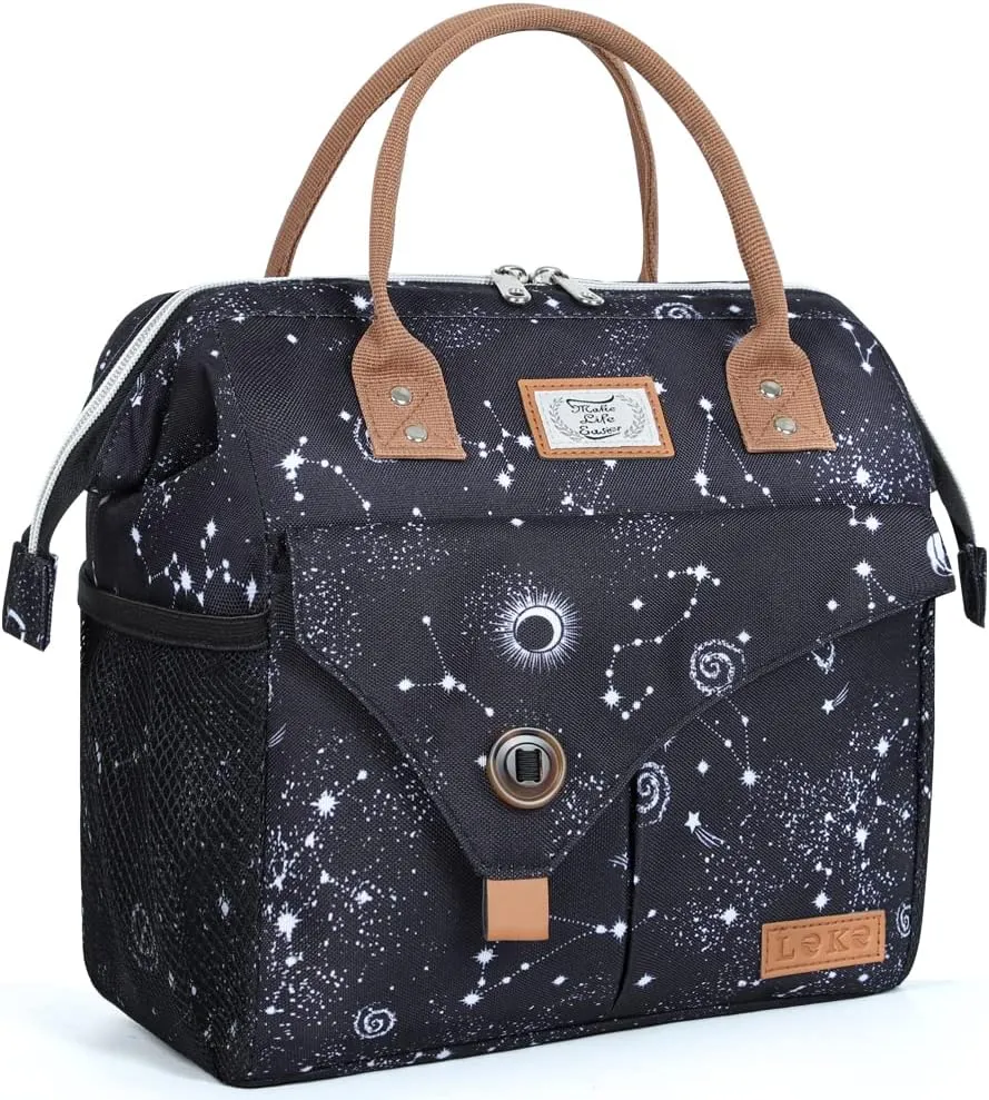Lekesky Lunch Box Women Men Lunch Bag Wide-Open Lunch Tote Bag, Black