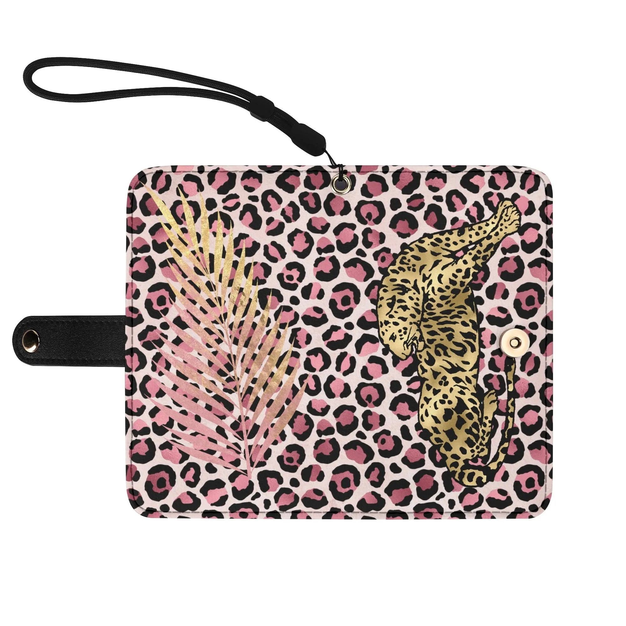 Leopard Print Graphic Black PU Leather Wallet Phone Flip Case
