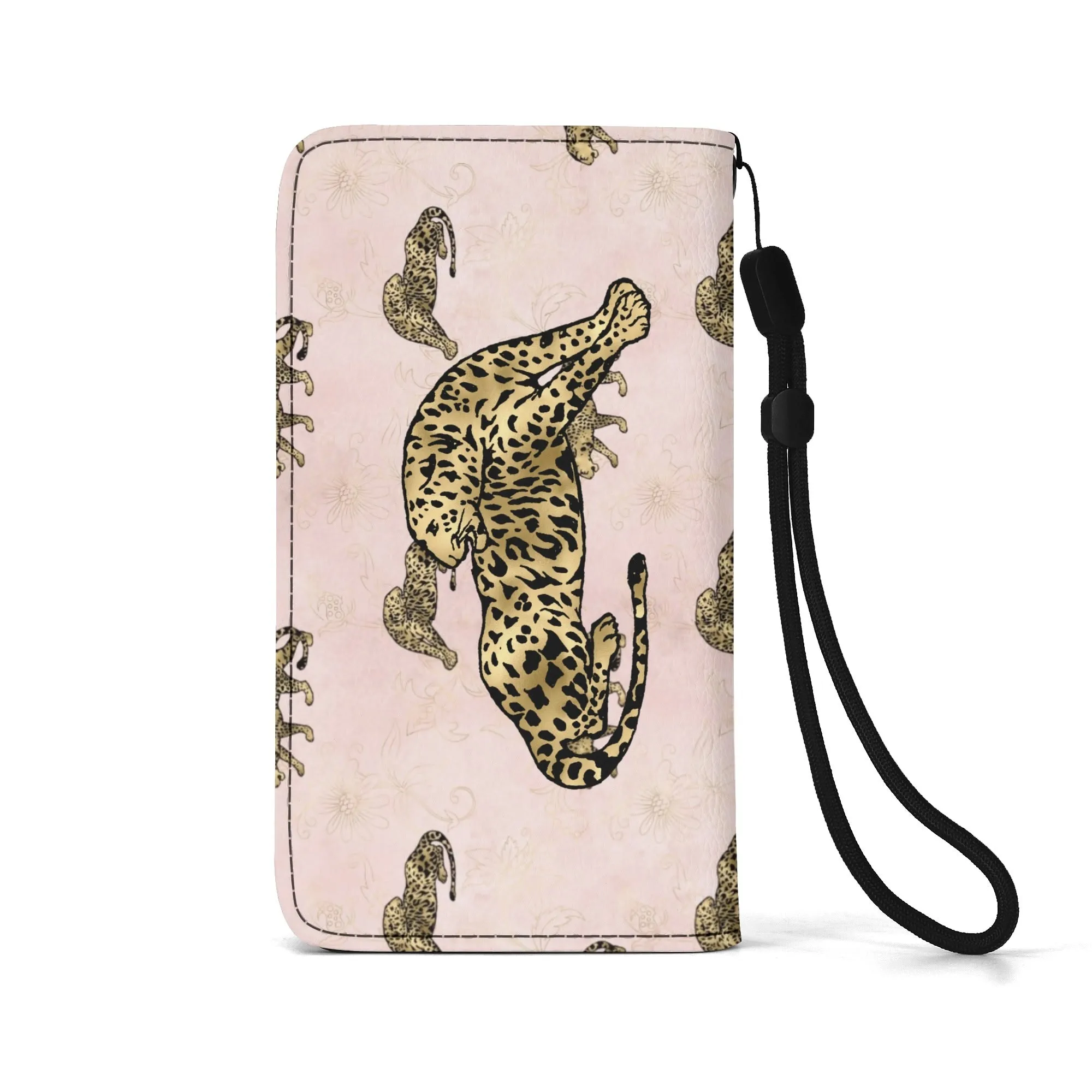 Leopard Print Graphic Black PU Leather Wallet Phone Flip Case