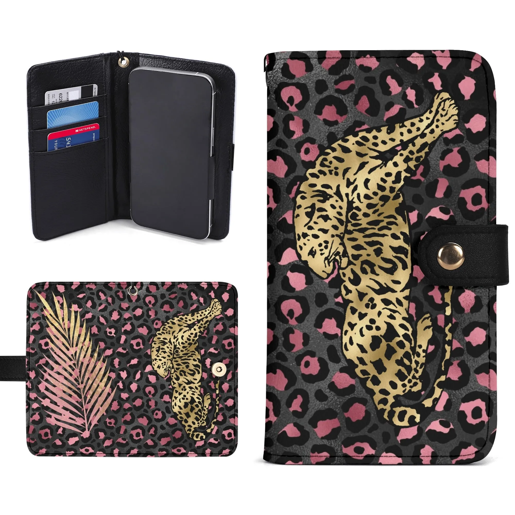 Leopard Print Graphic Black PU Leather Wallet Phone Flip Case