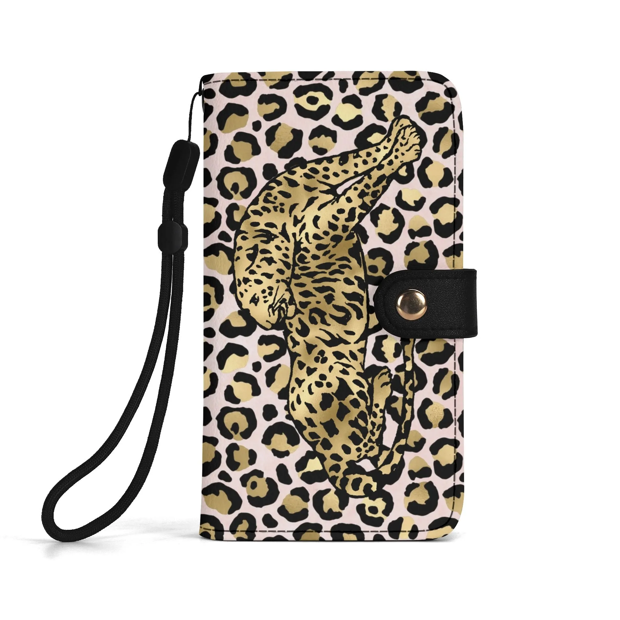 Leopard Print Graphic Black PU Leather Wallet Phone Flip Case
